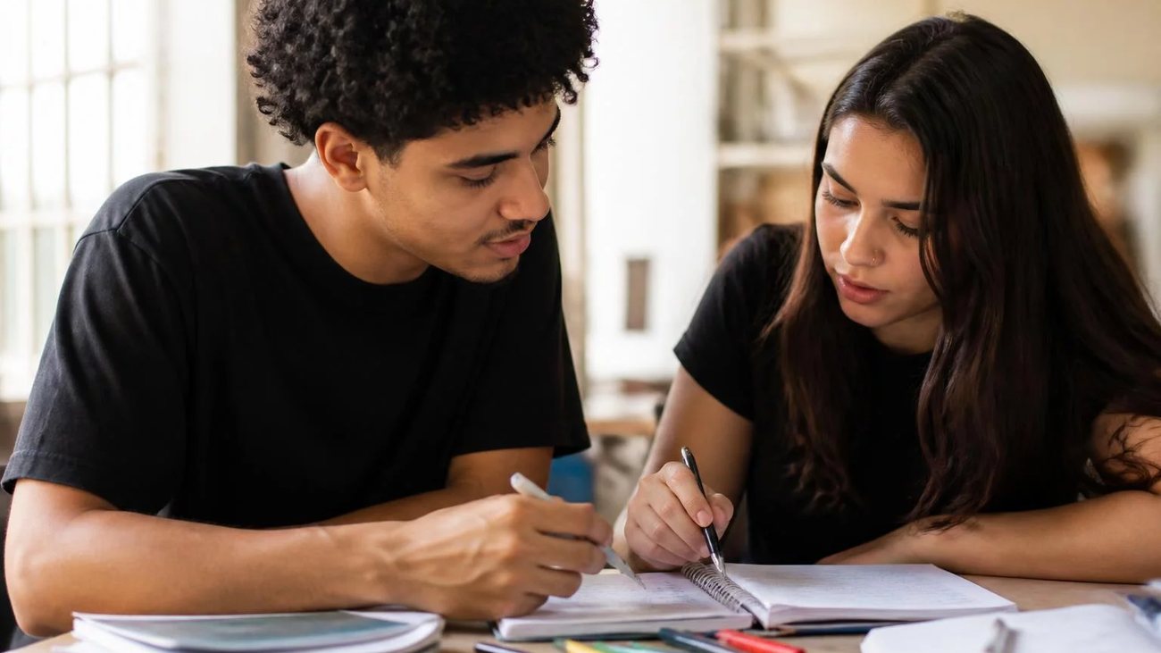 Estudantes de mochila nas costas conversando no corredor de uma universidade
