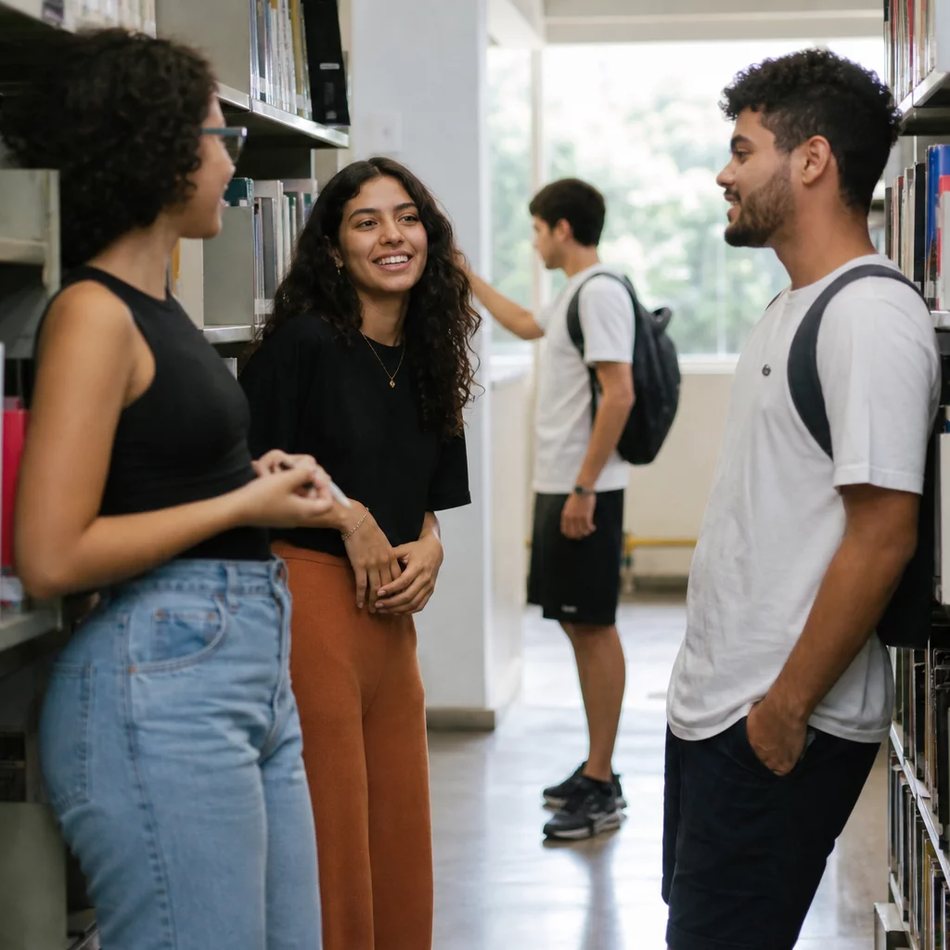 Participantes conversando de pé entre as prateleiras de uma biblioteca