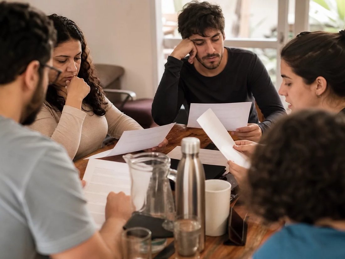 Profissionais em uma sala de reunião iluminada, com uma pessoa em pé explicando um ponto